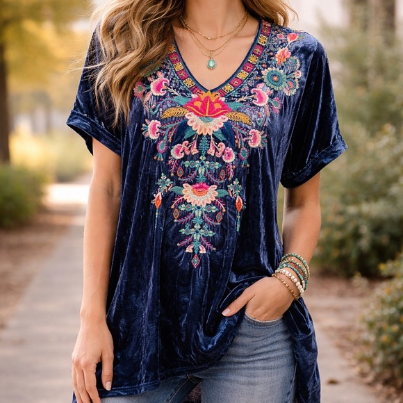 Johnny Was Tops - Johnny Was Velvet Embroidered Boho Tunic Top Blue Silk Blend Size L